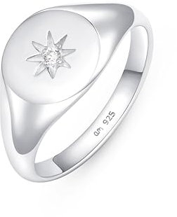 Amberta Siegelring Damen aus 925 Sterling Silber | Kleine Fingerringe für Mädchen | Stapelringe Damen | Sterling Silber Ring Damen - Siegel Ringe Silber Stern Ringgrösse 50