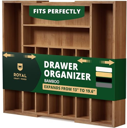 ROYAL CRAFT WOOD Luxury Bamboo Kitchen Drawer Organizer - Silverware Organizer - Utensil Holder and Cutlery Tray with Grooved Drawer Dividers for Flatware and Kitchen Utensils (9 Slot, Brown Bamboo)
