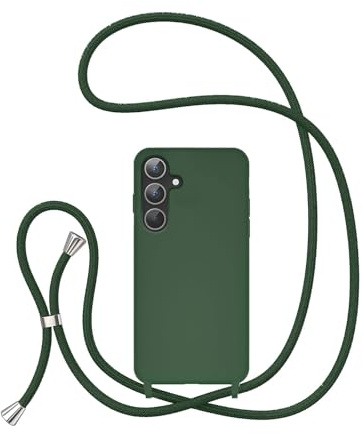 UEEBAI Crossbody Lanyard Phone case for Samsung Galaxy S24 FE, Silicone Liquid Phone Cover Necklace Cord Strap Soft Shockproof Protective Case - Deep Green