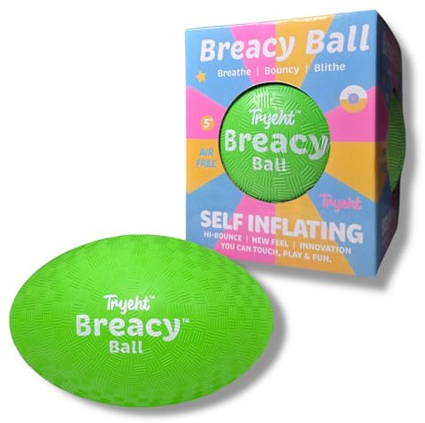 Tryeht Self Inflating Ball 5, Rubber New Feel Breacy Ball, Hi Bouncy, Never Need Pump, Neon Green, Playground Balls, Handball, Dodgeballs, Picnic and School Perfect All Ages Play in and Outdoor