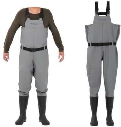 TRIZAND Watstiefel Herren PVC – Anglerhose mit Stiefel & Trägern – Wasserdichte Wathose für Angeln, Jagd, Teicharbeiten – Größe – Grau (44)