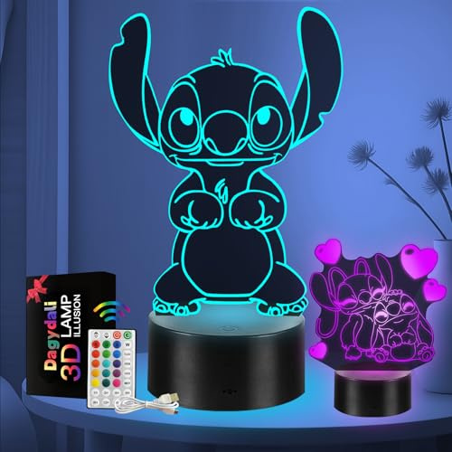Stitch Gifts for Girls - Stitch Night Light (2 Patterns), 3D LED 16 Color Dimmable USB/Battery Powered Stitch Lamp with Remote Control and Smart Touch for Girls Room Decor Party Birthday Christmas