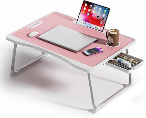 BTGGG Laptop Bed Table, Portable Lap Bed Desk with Handle, Foldable Computer Bed Table with Cup Slot & Side Drawer, Notebook Stand Breakfast Bed Tray for Bed, Sofa, Balcony,Carpet (Pink)