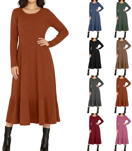 KUIH Jumper Dress for Women Midi Long Sleeve Dress Casual Knitted Dresses High Waist Soft Warm Lightweight Sweater Dresses for Fall Winter Work Office Daily Wear Going Out Orange