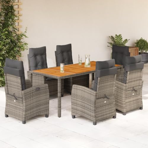 QJBSAVVA 7-TLG. Garten-Essgruppe 190x90 cm Akazienholztisch & verstellbare Poly-Rattan-Sessel mit abnehmbaren Kissen Modern & robust für Balkon Terrasse und Garten