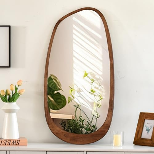 Asymmetrischer Spiegel, 97x50cm Unregelmäßiger Wandspiegel mit Holzrahmen | Cagnolier Asymmetrischer Wandspiegel, Rahmen aus Massivholz, Ganzkörperspiegel Holzrahmen für Wohnräume, Zimmer, Badezimmer
