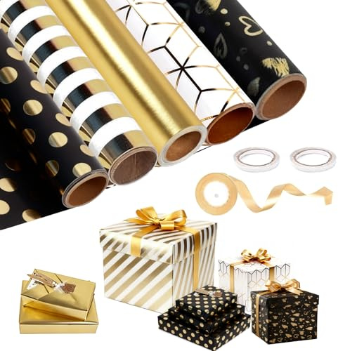MFUSUL 5 Rotoli Carta Regalo, 43 cm x 300 cm Carta da Regalo con Nastri, Carte Regalo Rotolo per Adulti e Bambini per Compleanni, Matrimoni, Feste e Regali (Nero e Oro)