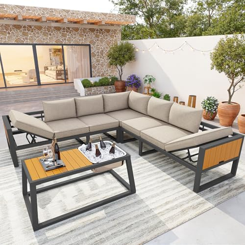 Zenithpath Gartenmöbel Set, Geeignet für 6-7 Personen, Gartenmöbel Lounge mit Verstellbarer Rückenlehne, Ausklappbaren Armlehnen und Metall-Eisbehälter, 10cm Dicken Kissen, Balkonmöbel Set, Beige