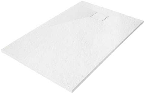 AQUAUNO Piatto doccia 120 x 90 cm, effetto pietra, ultra piatto da 2,6 cm, in materiale composito SMC, con sifone, scarico 90 mm, pulizia dall'alto, bianco