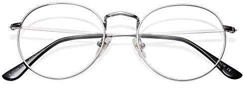 SOJOS Blaulichtfilter Brille Herren Damen Ohne Stärke Groß Bildschirmbrille Computerbrille Vintage-orientiertes Rund Design Fake Brille SJ5024 mit Silber Rahmen/Anti Blaulicht Linse