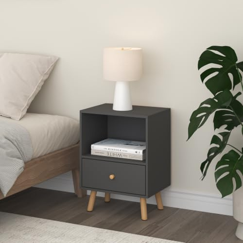 [en.casa] Beistelltisch Sundsvall 40 x 30 x 54 cm Nachttisch Dunkelgrau | Wohnzimmertisch mit Schublade, Sofatisch, Nebentisch, Kaffeetisch mit Ablagefach, Offenes Fach