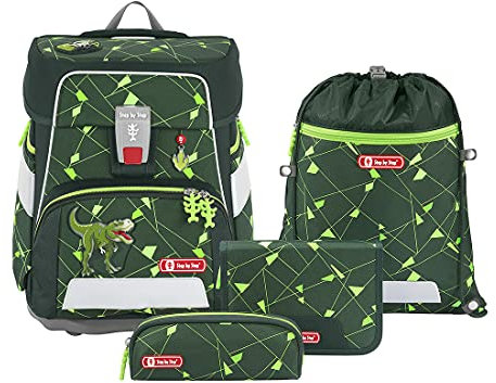 Step by Step Schulranzen-Set Space Shine Dino Night Tyro, 5-teilig, grün, Dinosaurier-Design, ergonomischer Tornister mit Reflektoren, höhenverstellbar mit Hüftgurt, für die 1. bis 4. Klasse, 20L