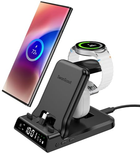 25W USB C Schnell Ladestation für Samsung Galaxy S25/S24/Z Flip 7/Z Fold 7/A54/A35/USB C Buds, 3-in-1 Klappbares Ladegerät für Samsung Galaxy Watch 8/8 Classic/7/Ultra/FE/6/5/4, SwanScout 701S