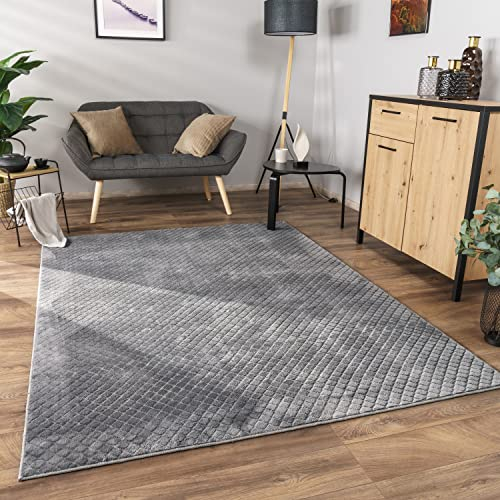 Paco Home Teppich Wohnzimmer Schlafzimmer Kurzflor Skandinavisches Boho Design Geometrisches Rauten Muster 3D Effekt Einfarbig, Grösse:200x280 cm, Farbe:Anthrazit