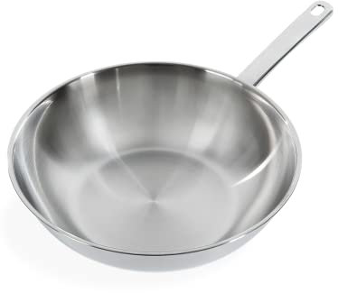 BK Bright Padella Wok in Acciaio Inox 28 cm, Esterno Lucido, Manico Stay Cool, Cottura Professionale, Induzione, Forno Sicuro fino a 230°C, Utensili in Metallo Sicuri, Lavastoviglie, Argento