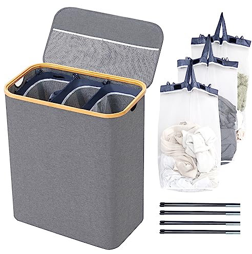 BRIAN & DANY Laundry Basket with Lid, Large Laundry Hamper 3 Compartments with Handles, Collapsible Washing Basket with 3 Removable Bags, Washing Bin for Dirty Clothes, 145L Gray