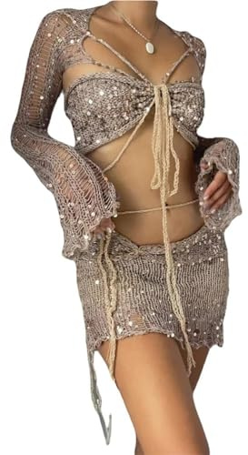 ORANDESIGNE Gonna Set in Maglia di Donne in Paillettes 2 Pezzi Scintillanti Scava Fuori Manica Lunga Crop Top Mini Gonna Abiti Sexy Y2K Gonna Copricostume da Spiaggia A Cammello S