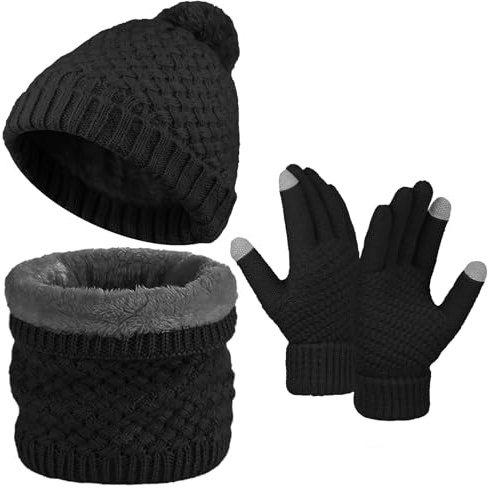 TAGVO Winter Beanie Mütze Schal Handschuhe Set Damen,Strickmütze Schlauchschal Touchscreen Handschuhe 3 in 1,Fleecefutter Warme Mützen loop Schal Wollmütze, Winter Beanie Schal Set Unisex