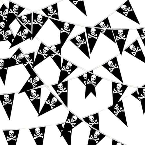MARFOREVER Wimplekette Pirat, 4 Stück/10 M Girlande Schwarz Piratenflagge Fahne mit Totenkopfdesign Halloween Dreieckige Flaggen für Halloween Geburtstag Party Piratenparty Dekoration Pirate Kostüm