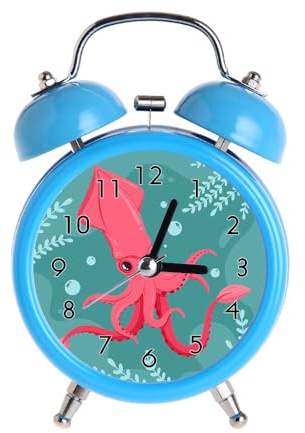 Children's Alarm Clock Retro Silent Pointer Clocks Round Number Dual Bell s Loud Alarm Clock Blue Colors Bedside Night Light Home Decors Squid
