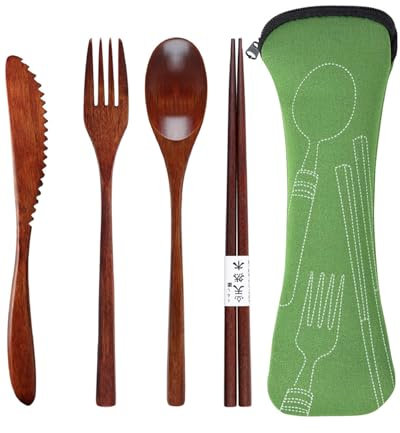 TOZBLEU Cucchiaio Legno Set di 4,Set di posate in legno,posate riutilizzabili con 1 cucchiaio, 1 forchetta, 1 bacchette, 1 coltello in legno con sacchetto, posate da viaggio per cucina, casa, ufficio