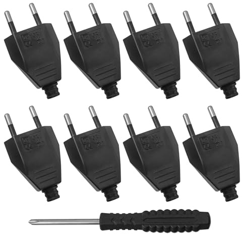 BuxiuGK 8 Piezas 2 Pines Clavija Plana de alimentación 250V 2,5A,Euro Enchufecon un destornillador para reemplazar enchufes para el hogar,lámpara,iluminación,Negro