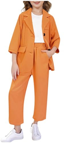 duxyoz Girls'S 2 Pieces Outfits Formal Blazer Set Long Sleeve Dress Suits Button Lapel Blazer Jacket And Wide Leg Trousers Suit Loose Fit Casual Leisure Suits Y2k Streetwear 13-14 Years