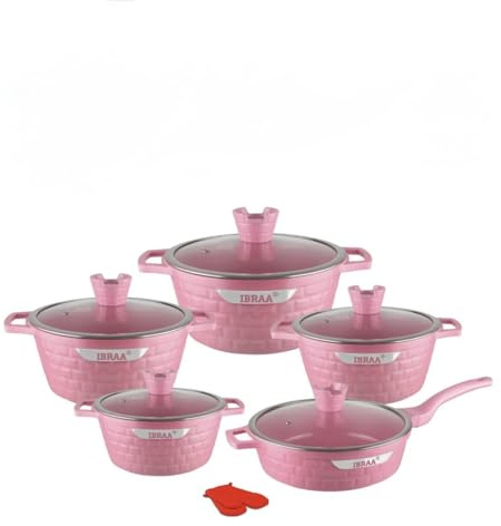 IBRAA 12 Piece Cooking pots, Non-Stick, Induction, Bricks Shape, Easy Cleansing, semi- Thick Glass lid, Two Gloves, Standard Quality Set of Five Cooking pots. (Pink)