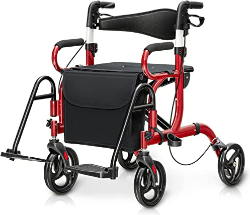 RELAX4LIFE 2 in 1 Deambulatore per Anziani, Sedia a Rotelle, Deambulatore con Seduta e 4 Ruote, Rollator Pieghevole in Alluminio Leggero, Portata Massima 160KG (Rosso, 105 x 63 x 87-99 cm)