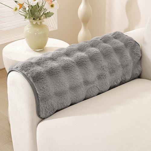 OstepDecor Faux Fur Couch Arm Covers, Fuzzy Soft Bubble Arm Chair Covers, Headrest Backrest Armrest Covers for Dogs Cats Pet Loveseat Recliner Leather L Shaped Sofa (2 Pack 20 x 24, Grey)