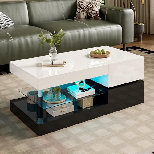 OKMYHOME Table Basse LED avec APP et Bluetooth, 90 × 45 cm | Hauteur 35.5 cm, finition laquée haute brillance, noir et blanc, design moderne, pour salon