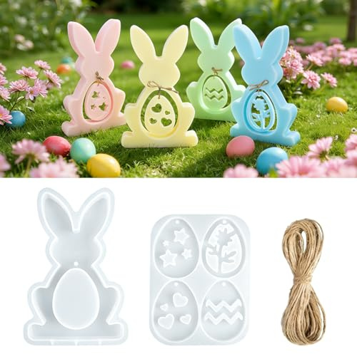 Kiiwah 2 Pièces Moule Silicone Paques Lapin & Œufs, Moule pour Resine Epoxy Platre Bougie, pour DIY Créatifs des Enfants, Décoration de Maison Printemps