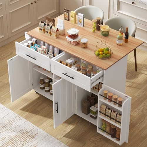 Chariot de cuisine sur roulettes, îlot de cuisine blanc avec plan de travail pliable et pieds en bois massif, 129 cm, buffet avec 2 tiroirs, armoire de cuisine avec espace de rangement, buffet mobile
