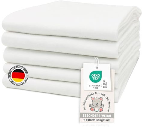 ZOLLNER 5er Set Moltontücher in 80x80 cm aus Baumwolle - saugstarke Wickelunterlage - weich und wärmend - waschbar bis 95°C - in weiß - Oeko Tex® Zertifiziert