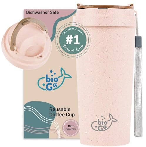 bioGo 450ml Faded Pink Reusable Travel Mug - Dishwasher Safe, Tea & Coffee Mug - Tall Travel Cup