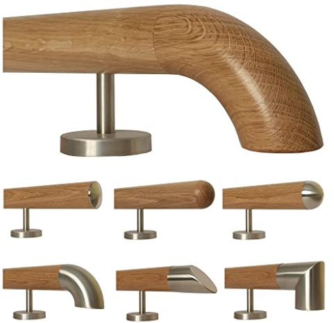 TIBU Corrimano in legno di quercia, 0,3 m – 6 m, lunghezza 40 cm, estremità in legno e 2 supporti dritti