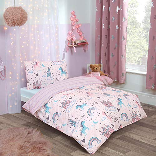 Dreamscene Unicorn Kingdom Toddler Duvet Cover with Pillowcase Reversible Kids Bedding Set, Girls Fairy Castle Pink - Junior/Cot Bed 120 x 150