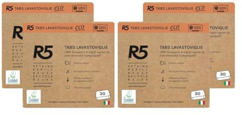 R5, Eco Tabs Lavastoviglie, 120 Pastiglie Lavastoviglie, con Tensioattivi di Origine Vegetale, Certificate Ecolabel, Made in Italy, 4 x 30 Pods