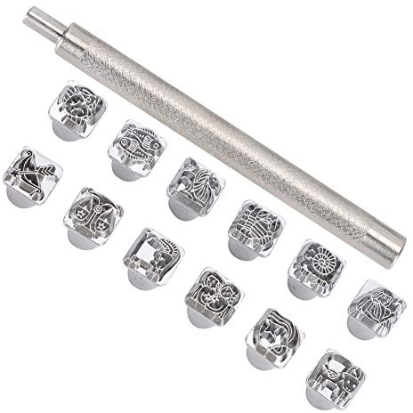 Juego de herramientas de estampado de cuero con patrón de doce constelaciones de 12 piezas, conjunto de herramientas de perforación de acero para perforaciones de cuero con mango de estampado de acero
