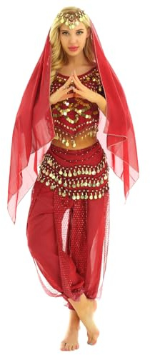 TTAO Femme Ensemble Danse Orientale Belly Dance Robe Danse du Ventre Classique Deguisement Indien Princesse Costume Halloween Carnaval Fêtes Rouge Taille unique