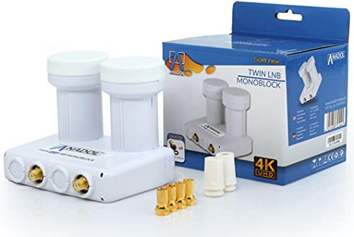 Anadol Monoblock Twin LNB Gold Line für Satellitenschüssel - 2 Teilnehmer, 2 Satelliten, Astra 19.2 & Hotbird 13 - digital Doppel Sat Kopf 0.1dB - Full HD, 4K, 8K, UHD, 3D, HDTV + 4 F-Stecker gratis