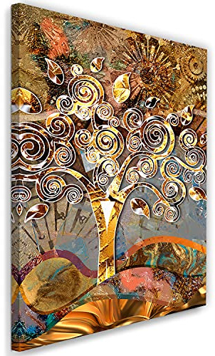 Feeby Vlies Leinwandbild XXL Gustav Klimt Gemälde Lebensbaum Moderner Stil 80x120 cm Wandbild Kunst Bilder Schlafzimmer Deko Wohnzimmer Gewirbelte Zweige Blumen Goldrinde Gold
