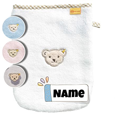 STEIFF Waschhandschuh personalisiert | 17x23 cm | Waschlappen Kinder mit Namen bestickt | 100% Baumwolle | Baby Waschhandschuh (Natur)