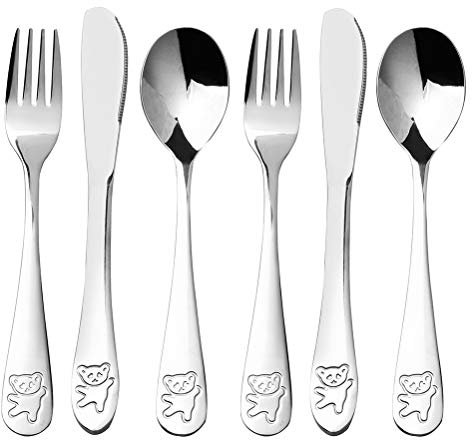6 Pezzi Posate Bambini in Acciaio Inox, Set Posate Bambino-2 Forchetta Bambini, 2 Cucchiai Bambini e 2 Coltelli per Bambino, Casa Scuola Uso(Orso, Argento)
