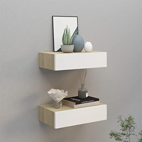 Catherinol Wand-Schubladenregale 2 STK. Schubladen, Regal mit Schubladen, Wandregal mit Schublade, Wandtisch, Nachttisch, Wandschublade, Nachtkommode, Wandboard, Eiche und Weiß 40x23,5x10 cm MDF