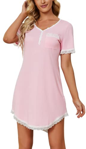 Yukiuiny Chemises de Nuit Femme Coton Dentelle Nuisette Robe de Nuit Courte T Shirt de Nuit Pyjama Casual Col V Sexy Maternité Allaitement Top Confortable Rose*Manche Courte L
