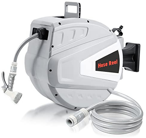 Ansobea Schlauchtrommel Wasser 20+2m mit Wandhalterung/Handbrause/Montagematerial, Aufroll-Automatik Schlauchbox, gartenschlauch trommel wandschlauchbox für Bewässerung-grau