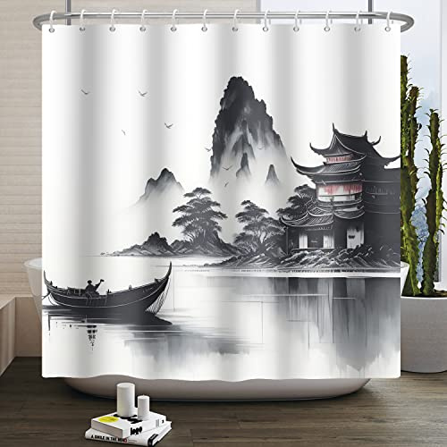 SDOTPMT Rideau de Douche 140x180cm Asiatique Brouillard Bateau de Montagne Goose Nature Salle Bain Crochet décoratif