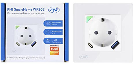 Enchufe Inteligente WiFi PNI SmartHome WP202, Montaje enterrado, Control de Internet, aplicación dedicada Tuya Smart, Compatible con Amazon Alexa y Google Home