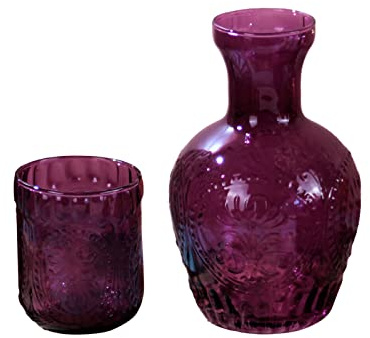 Ensemble Carafe à Eau et Verre de Chevet Vintage, Carafe de Chevet et Gobelet de Nuit, Carafe en Verre de Table de Chevet Vintage 1L Carafe en Verre Pichet avec Tasse pour Chambre Salle de(violet)